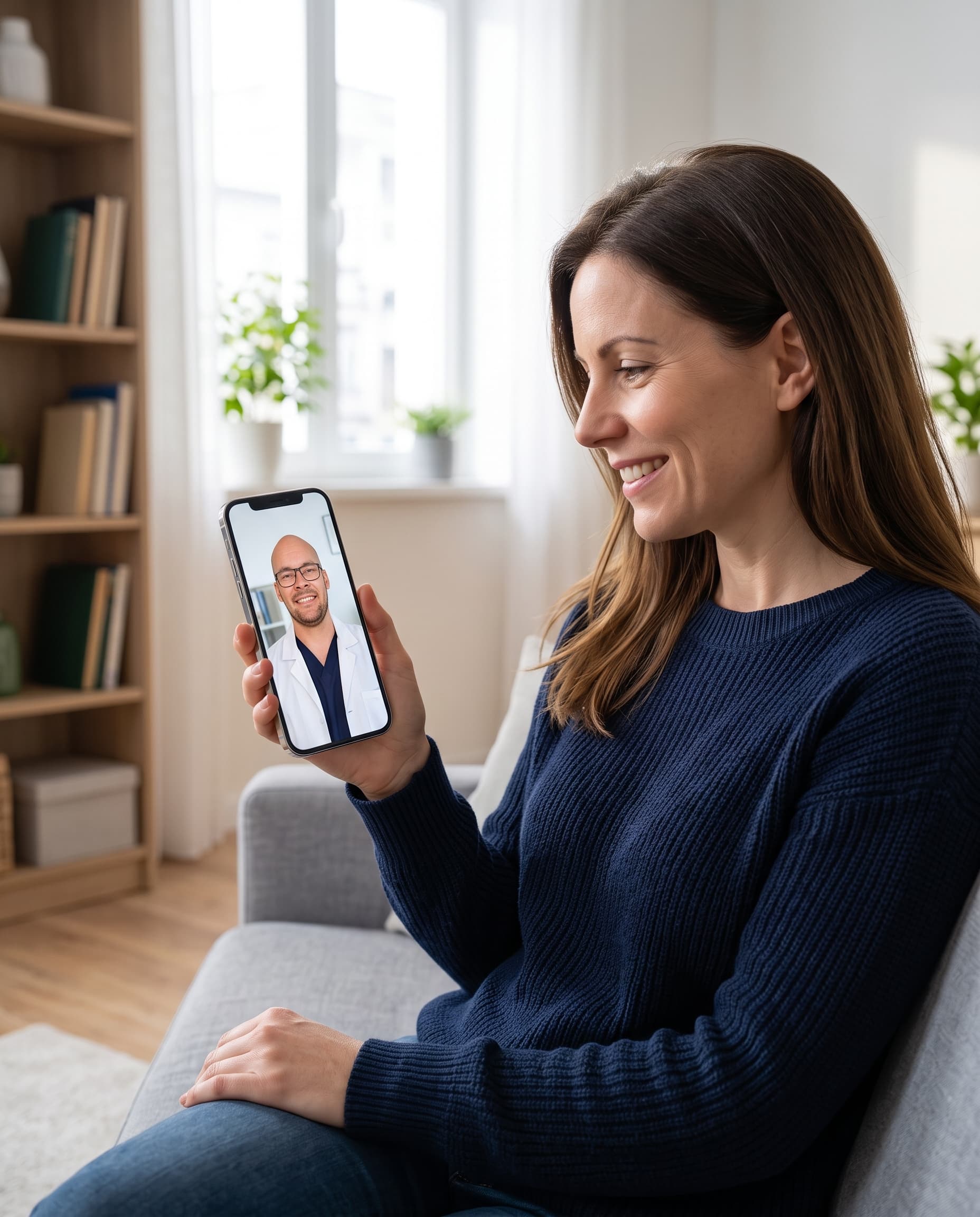 A patient at home on a video consultation with Dr. Pedro Yelamo Vera, who appears on her laptop screen